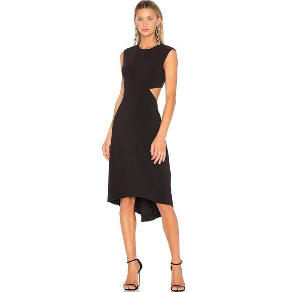 Halston Cutout Crepe Dress Size 8 Black Midi Sleeveless Classic LBD Designer - Picture 1 of 14